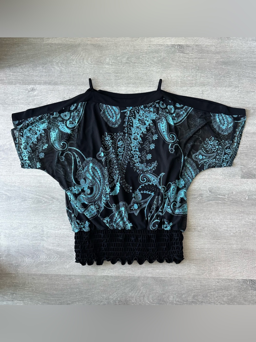Vintage Canada Suzy Black and Teal Paisley Open Shoulder Smocked Hem Women's Top